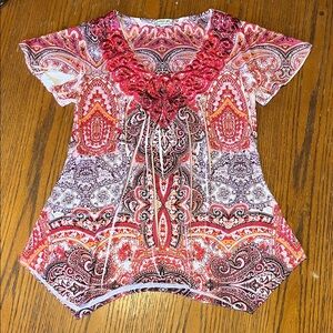 Y2K Energie Red and Pink Paisley Embroidered Beaded Blouse Asymmetrical Hem S